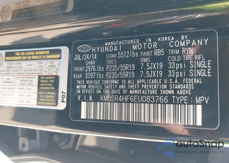 2014 Hyundai Santa Fe Limited z USA, uszkodzony, nr VIN KM8SR4HF6EU083766